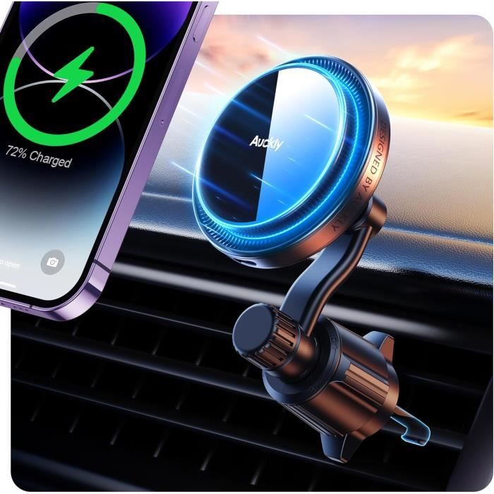 Chargeur Voiture Magnétique 15W MagSafe – Support Sans Fil Pour IPhone 15/14/13/12 Avec LED Ambiantes