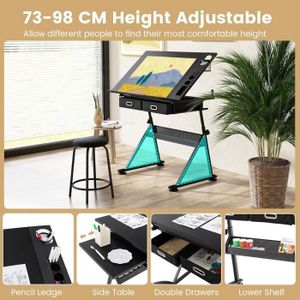 Table à Dessin Inclinable Abician Avec Tabouret - Bureau Réglable En Hauteur Pour Dessinateurs Et Architectes - Coloris Bois