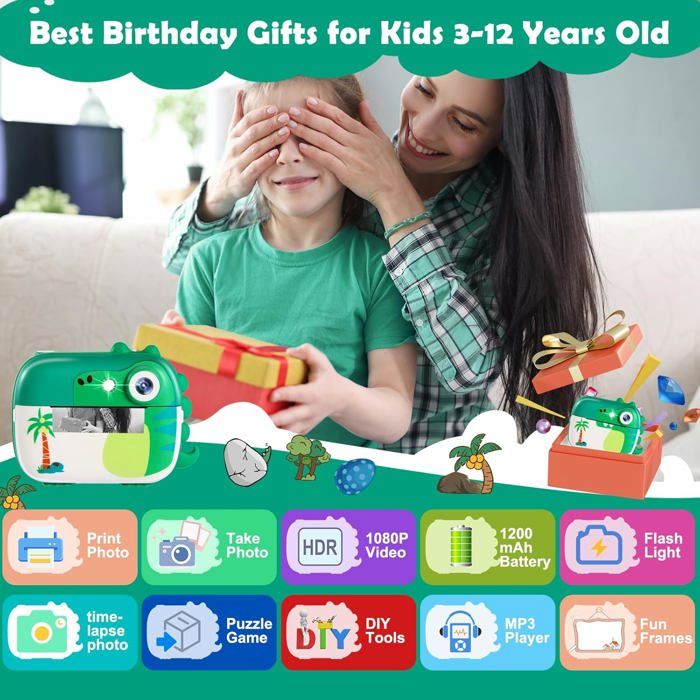 Appareil Photo Instantané Enfant - Imprime En Noir Et Blanc - 1080P, 20MP, écran 2,4" - Inclus 3 Rouleaux Papier + Carte 32 Go