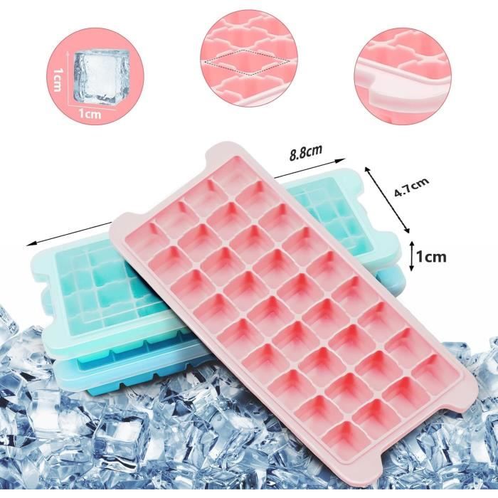 3 Pièces Bac à Glaçons Silicone Avec Couvercle - Moule Glaçons Carrés 3,5cm Empilable Sans BPA