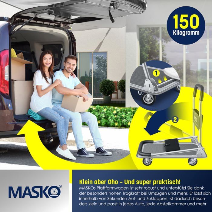 Diable Convertible 2-en-1 Elevon – 300 Kg, 4 Roues, Poignée Télescopique, Chariot Pliable Pour Déménagement, Courses, Bagages – Noir