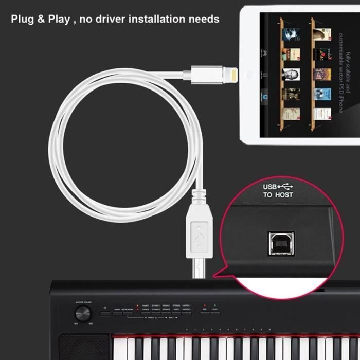 Adaptateur Lightning vers USB B, câble MIDI haute vitesse pour