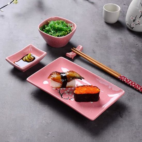 Service à Sushi Service de Table Japonais Style Panbado 2 Sushi Assiette 2 Plate à Sauce 2 Sushi Baguettes 2 Porte-Baguettes en Coffret Kit Maki