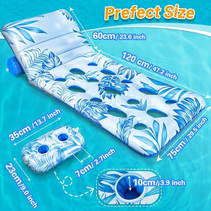 Matelas Gonflable Piscine – Hamac Flottant 180x75 Cm – Dossier Réglable – Porte-boissons – Trous Rafraîchissants