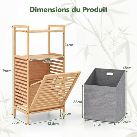 COSTWAY Panier à Linge 80L Bambou Naturel Avec Couvercle - Sac Amovible, Poignées, Design Lattes Aéré, 50x35x62 Cm