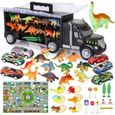 Camion Transporteur de Voitures avec Oeuf et Figurine Dinosaure, Tapis de Jeu, Mini Voiture de Course, Panneaux Routiers pour Enfant-0