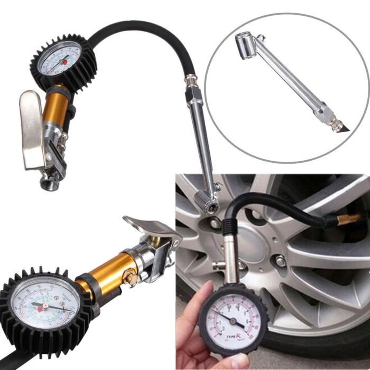 Manomètre Et Gonfleur De Pneus 0-12 Bar (170 Psi) - Pour Voiture, Moto, Vélo - Tuyau Long Et Cadran Aiguille - 4
