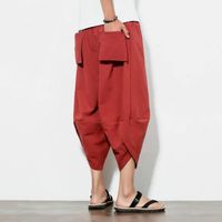 Bloomers pour Hommes Coton lin Sarouel Ample couleur unie Décontracté Large Jambe Pantalon Rouge