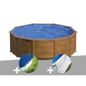PISCINE Kit piscine acier aspect bois Gré Sicilia ronde 4,80 x 1,22 m + Bâche hiver + Tapis de sol Aspect Bois