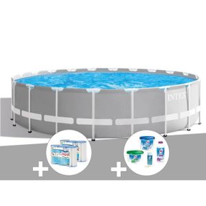 PISCINE Kit piscine tubulaire Intex Prism Frame ronde 6,10 x 1,32 m + 6 cartouches de filtration + Kit de traitement au chlore