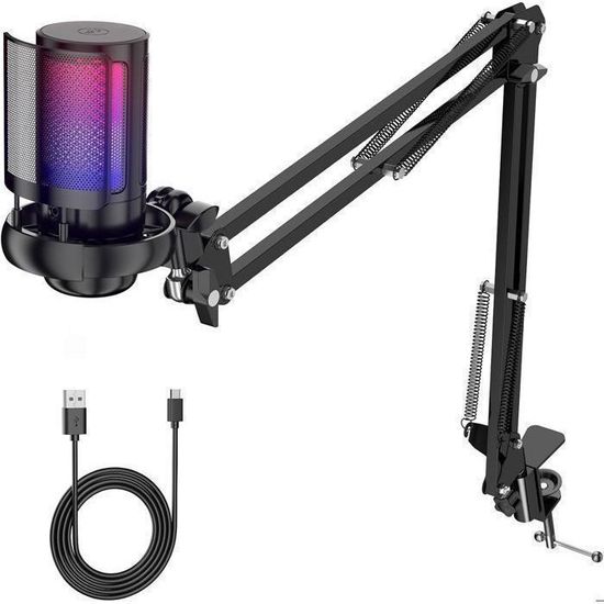 FIFINE Micro USB Gaming Avec RGB - Micro Casque PC PS5 Avec Bouton Mute, Filtre Anti-Pop - Stream Twitch Discord