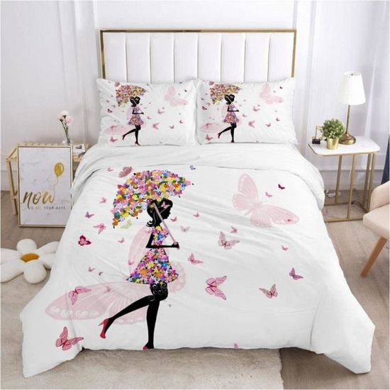 Housse De Couette 240x260cm Motif Papillon Violet - Parure Lit 2 Personnes Microfibre Douce