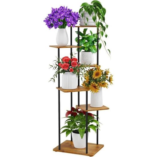 Support Pour Plantes 7 Niveaux ALTÓRICO 130cm - Métal Et Bois - Pour Intérieur Et Extérieur - Noir