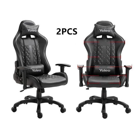 2X Chaise de bureau GAMING fauteuil ergonomique avec coussins, siège style racing gamer chair noir