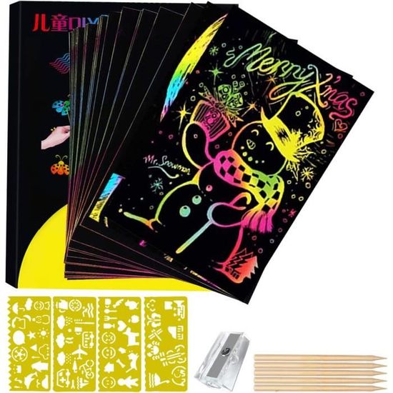 Kit Dessin à Gratter Enfant – 50 Feuilles Noir + 5 Stylets + Gabarits, Révèle Arc-en-Ciel - 3