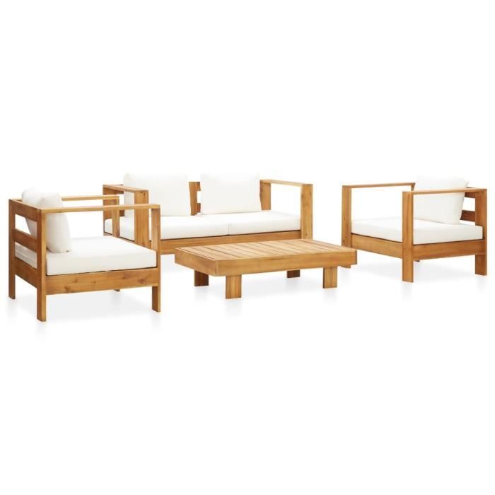 FAN Salon de jardin 4 pcs avec coussins Crème Bois d'acacia solide☺☻1