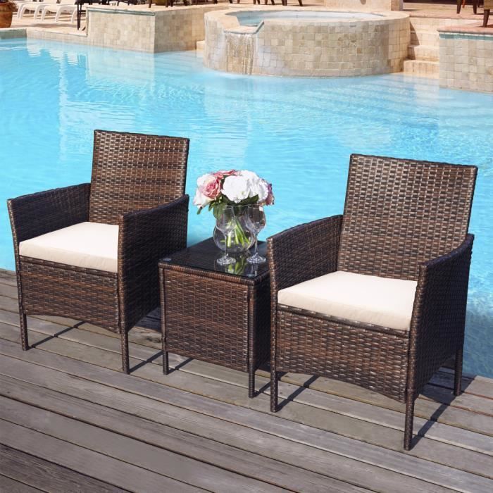 Zone de loisirs Ensemble de meubles de jardin en rotin 3 pièces Ensemble de patio extérieur en rotin comprenant un coussin Une table
