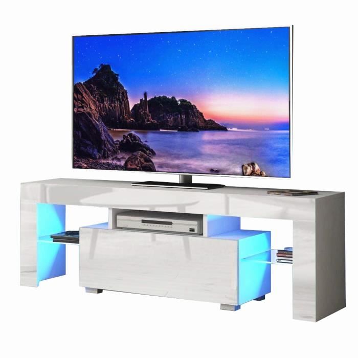 Meuble TV contemporain design avec tiroir et 2 étagères - Avec LED - 130 cm - EU plug - blanc brillant