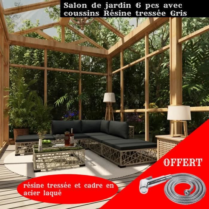 FIHERO 6 pcs Mobilier de jardin avec coussins Résine tressée Gris