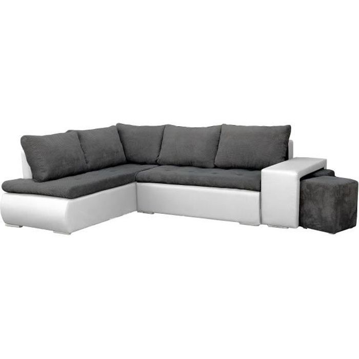 Canapé d'angle Convertibles avec Deux poufs Tissu + Simili Cuir BELGRAD (Gris foncé + Blanc, Canapé d'angle Gauche)