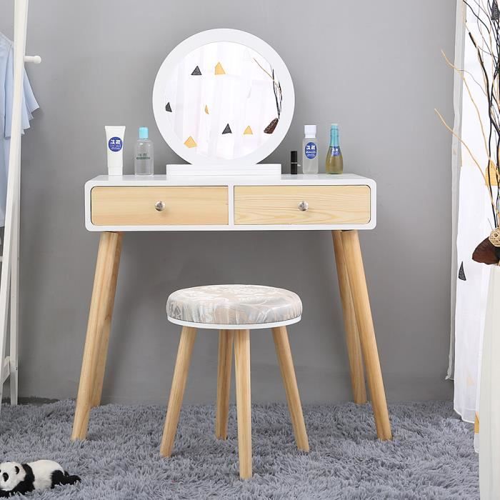 Coiffeuse design Miroir rond 3 tiroirs avec coulisses tabouret blanc&Bois