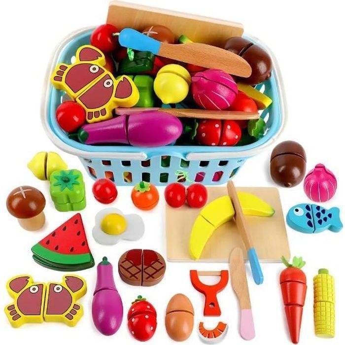 Dinette en Bois,Dinette Enfant,Legumes Jouet avec Panier,Accessoire Cuisine Enfant,Jouet Bois Cadeau pour Garçon Fille 3 4 5 6 Ans+