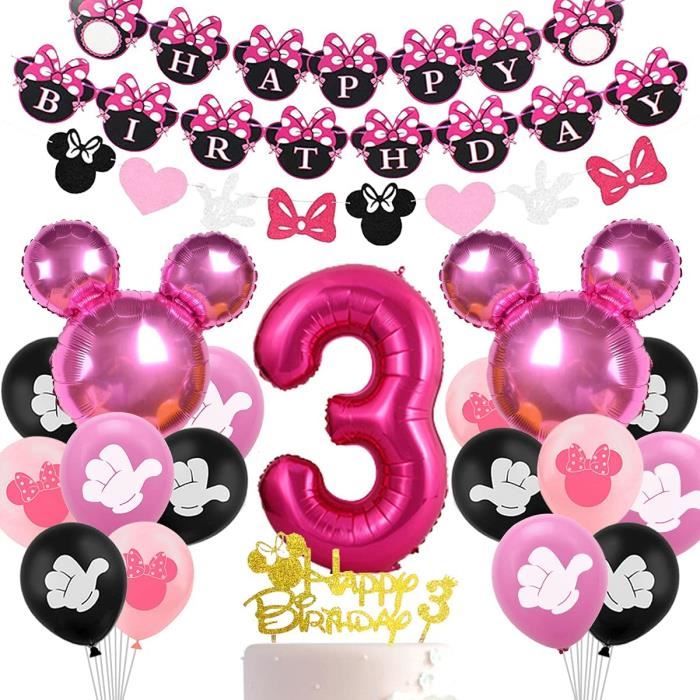 Décorations Anniversaire 3 Ans de Minnie Mouse, Minnie Décorations Fête Troisième Anniversaire pour Fille Ballon Numéro 3 Décoration