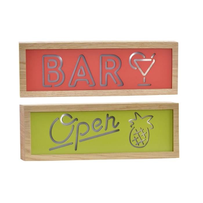 ENSEIGNE lumineuse neuve BAR & OPEN en bois et LED de 30cm