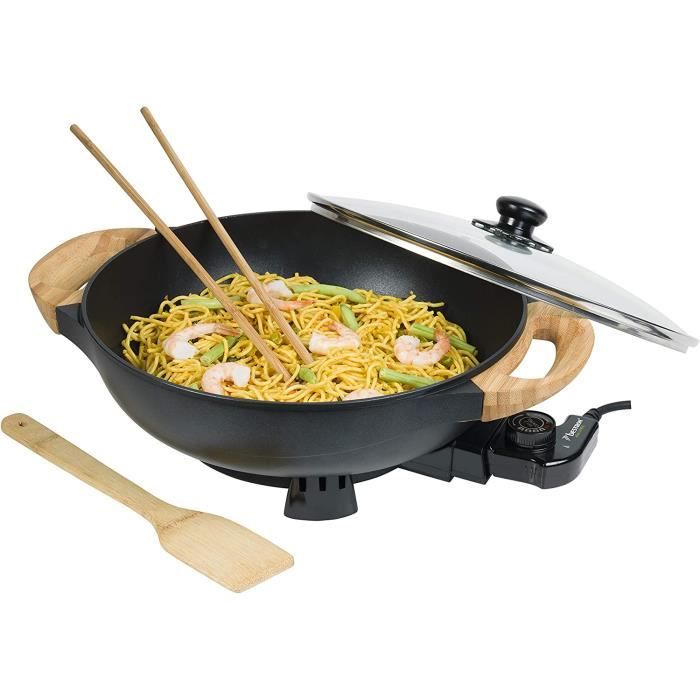 Bestron Wok électrique AEW100AS avec poignées en bambou, wok XL avec couvercle en verre, design asiatique, avec spatule en bamb A4