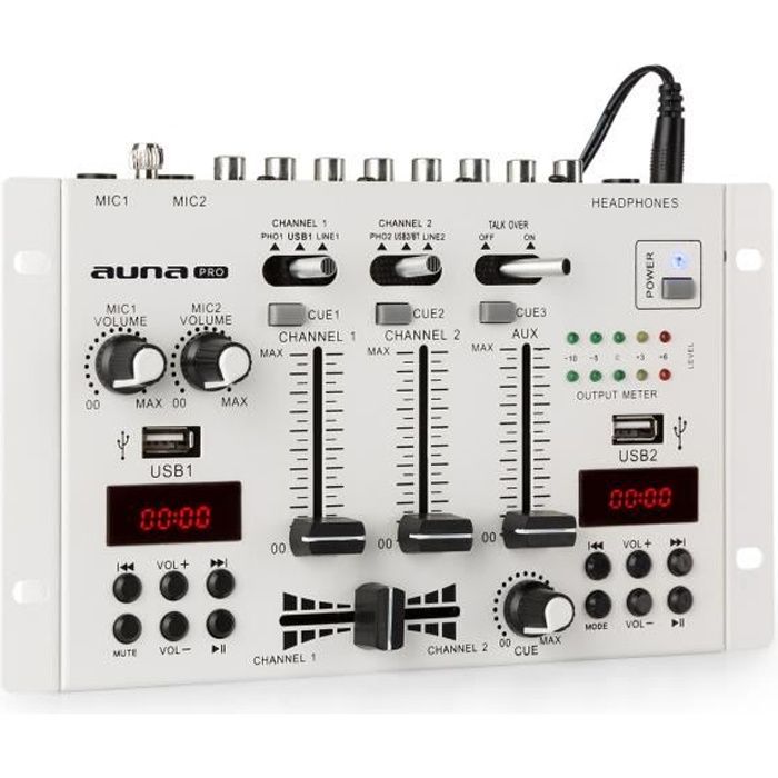 Auna Pro DJ-22BT MKII Table de mixage pour DJ 3/2 canaux BT 2x USB compatible rack blanche