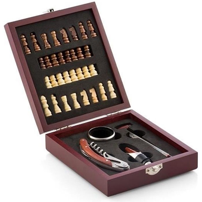 Coffret Sommelier bois : jeu d'échecs et ensemble 4 accessoires vin