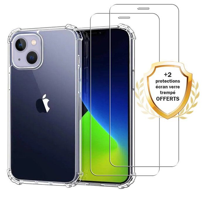Coque pour iPhone 13 Mini Antichoc Silicone bords renforcés + 2 Vitres en verre trempé Protection écran