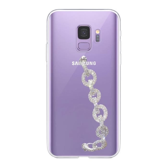 Coque pour Samsung S9 silicone transparent dragonne strass
