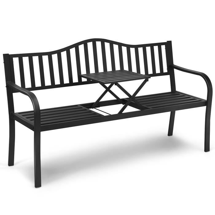 GIANTEX Banc de Jardin en Fer Forgé avec Table Pliante, Dossier à Motif Creux et Accoudoirs Doubles, Banc Rétro, 150 X 59 X 91 CM