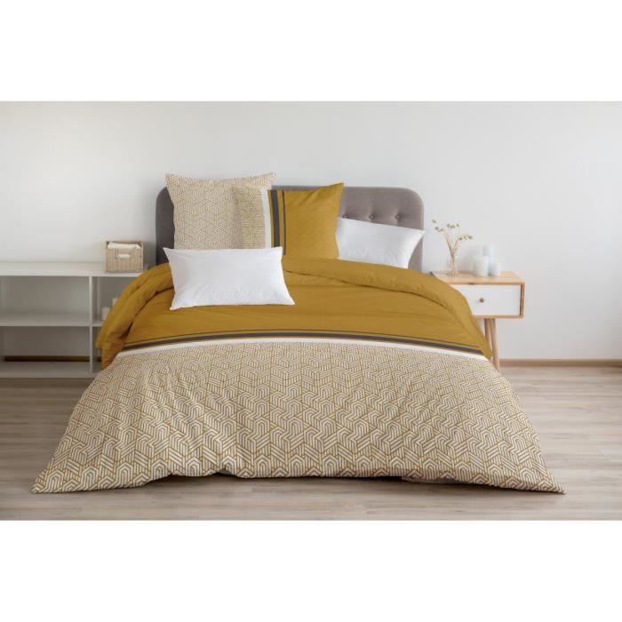 Housse de Couette 3 Pièces - 100% Coton 57 Fils - 2 Personnes 240x260 cm - TILT Jaune Moutarde