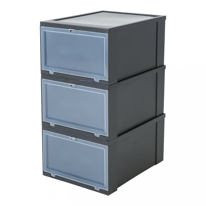 Iris Ohyama, lot de 3 boîtes à chaussures - boîtes de rangement pour chaussures - Drop Front Box - EUDF-M, plastique, noir, 14 L,