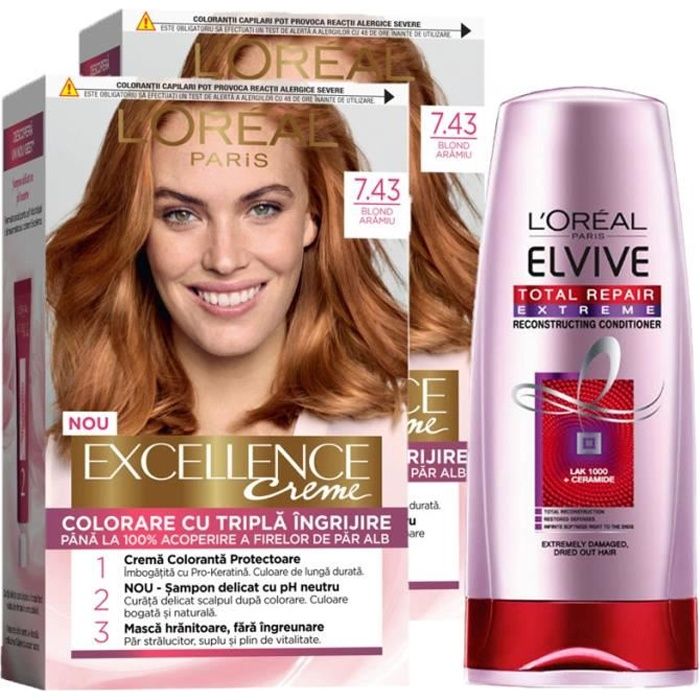 7.43 Blond Doré Cuivré L'Oreal Paris Excellence Crème Lot de 2 + Elvive Total Repair Anti-Casse Baume Réparateur