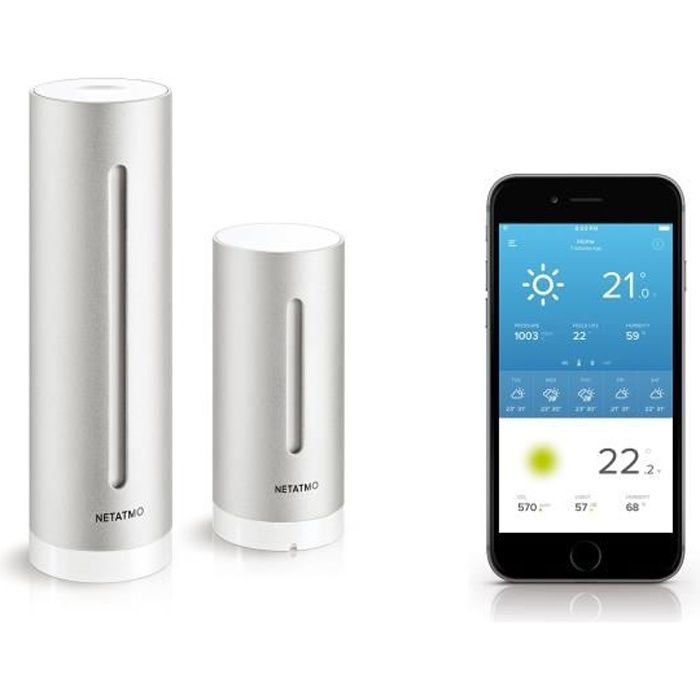 Netatmo Station Météo Intérieur Extérieur Connectée Wifi pour Smartphone - Capteur Sans fil - Thermomètre, Hygromètre, Baromètre,