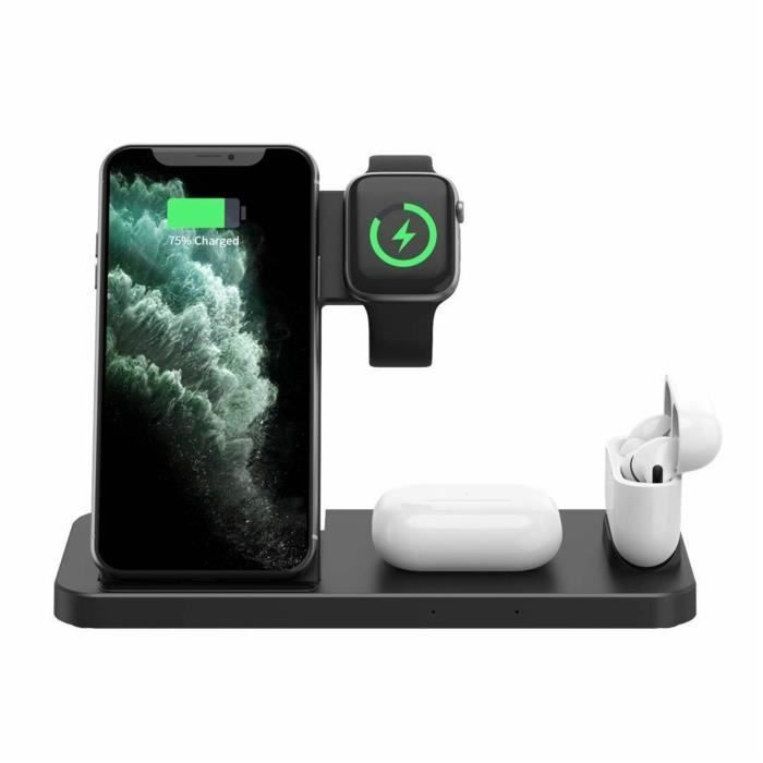 4 En 1 Chargeur Sans Fil Qi Dock Stand 15W Station De Recharge Pliable Pour Iphone Iwatch 12 (Noir)