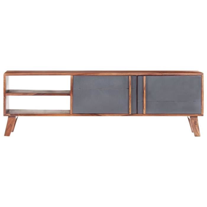 PRI Meuble TV 140x30x45 cm Bois massif avec finition claire surface polie, peinte et laquée gris et bois foncé Primel1