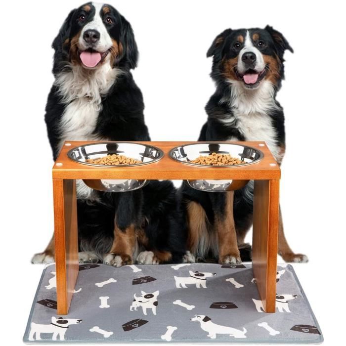 YANGBAGA Support Gamelle pour Chien Grande Taille, en Bois avec 2 Gamelles INOX de Grande Taille,InclusTapis Ultra Absorbant