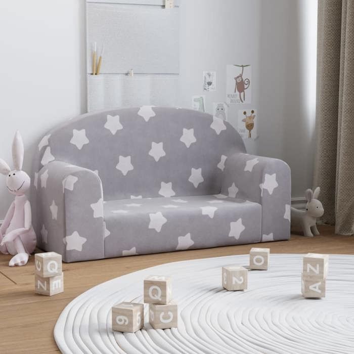 vidaXL Canapé Enfants 2 Places Siège avec Accoudoirs Fauteuil avec Dossier pour Tout-Petits Salon Gris Clair avec Étoiles 357010