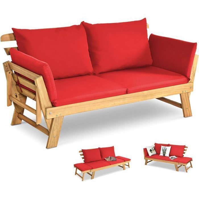 GOPLUS Canapé de Jardin Extensible 2 Places Charge 320 KG-Design 3 en 1 en Bois dAcacia Certifié FSC avec Coussins AmoviblesRouge