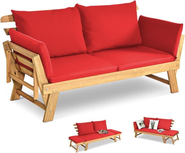 goplus canapé lit de jardin extensible 2 places charge 320 kg-accoudoirs réglables/coussins/dossier amovibles-rouge