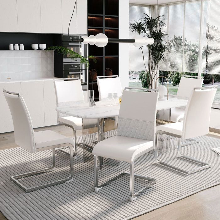 Lot de 6 Chaise de Salle à Manger Style moderne Dossier en Similicuir PU + Lin Rembourré Bureau Cuisine Salon Blanc