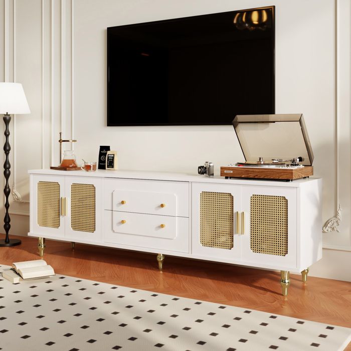 Armoire TV Style Rétro Meuble TV 4 Porte en Rotin 2 Tiroirs Meubles de salon Elégant Blanc 175x38x55.5cm