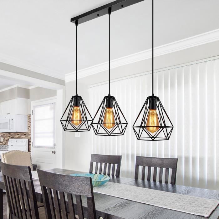 STOEX 3 Lumières Lustre Suspension Cage Diamant Contemporain Plafonnier Lampe E27 pour Chambre Salon Hôtel Noir