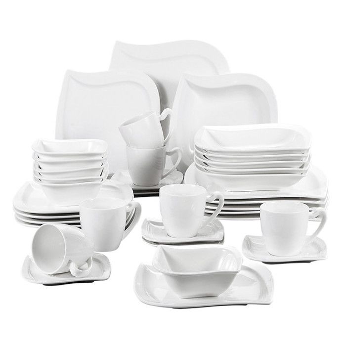 MALACASA Elvira Service de Table en Porcelaine 36 pièces Assiettes Bols Tasses et Soucoupes pour 6 personnes - Blanc