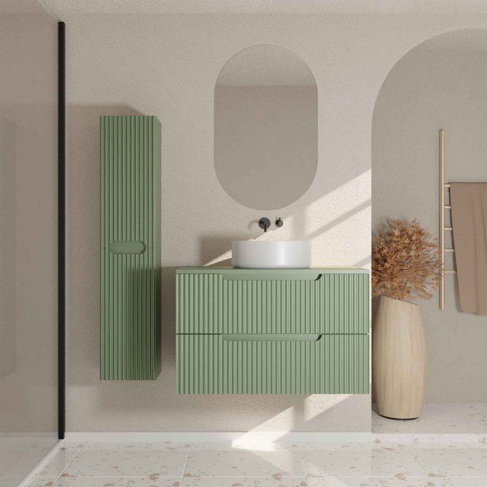 Meuble et colonne de Salle de Bains LEON 80cm Vert Olive - Façades Ondulées - Vasque Ronde 36cm