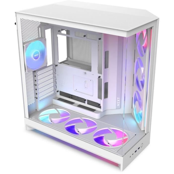 La gamme phare H9 Flow se décline en H9 Flow H9 Flow RGB et H9 Flow RGB . Ces boîtiers moyen-tour à double chambre sont conçus pour les configurations hautes performances avec prise en charge des radiateurs 420 mm à l’avant et sur le dessus panneaux mesh optimisés pour l’airflow et ventilateurs positionnés dans un angle avant-droit pour diriger l’air frais là où il est le plus utile – une approche inspirée du best-seller H6 Flow. Un panneau en verre trempé panoramique met en valeur l’intérieur et la compatibilité avec les cartes mères à connectique arrière (back-connect) garantit un setup net et sans câbles visibles.. Le H9 Flow RGB est prêt à synchroniser tout l’éclairage RGB NZXT dès la sortie de l’emballage. Il intègre deux ventilateurs F420 RGB Core (avant-droit et bas) un ventilateur RGB Core de 120 mm à l’arrière ainsi qu’un NZXT Control Hub préinstallé. Combiné à un Kraken RGB en haut du boîtier l’ensemble est prêt pour une gestion centralisée du refroidissement et de l’éclairage via NZXT CAM.